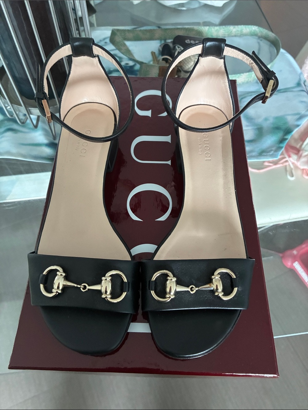 Gucci Black Leather Sandals with Gold Horsebit Accent